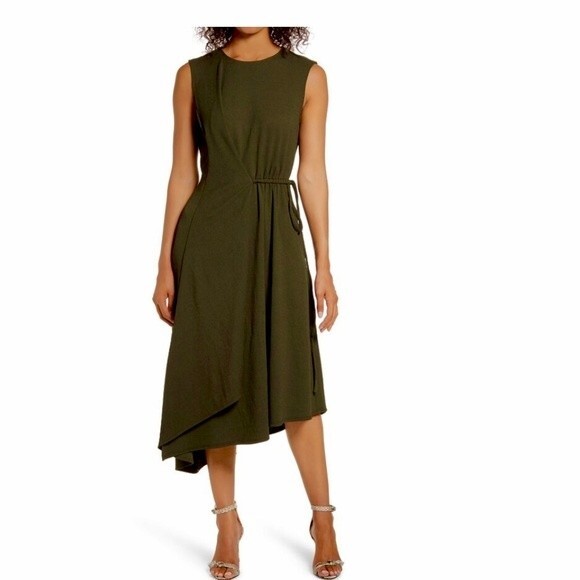 Maggy London Asymmetrical Drape Midi Dress In Olive 2 NWT - Picture 1 of 15